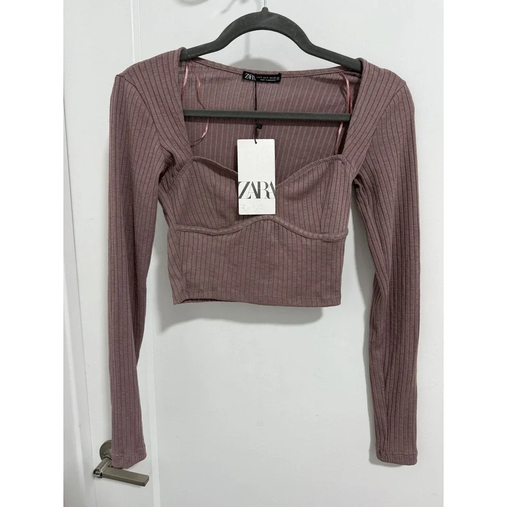 Zara Ribbed Knit Sweetheart Neck Long Sleeve Crop Top Mauve Small NWT